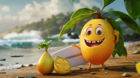 A smiling cartoon passion fruit with a big smile, holding a surfboard.の素材