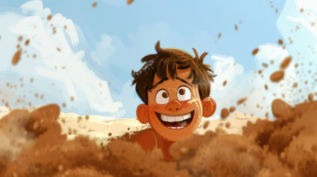 A happy cartoon langsat with a joyful face, playing in the sand.の素材