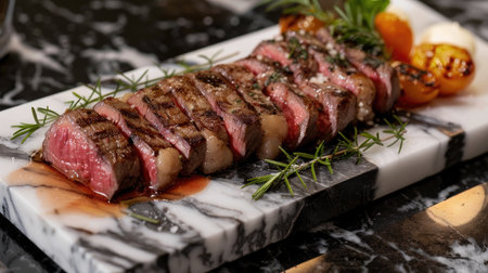 Artfully arranged steak on a marble platter, a culinary masterpieceの素材