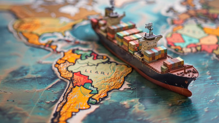 Container ship model on a world map, symbolizing transcontinental transportation and globalization, with ample copy space.の素材
