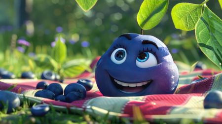 A smiling cartoon blueberry with a joyful expression, sitting on a picnic blanketの素材