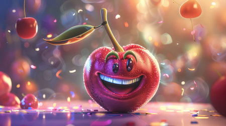 A smiling cartoon chokecherry with a big smile, blowing a party horn.の素材