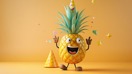 A smiling cartoon pineapple with a party hat, clapping and celebrating.の素材