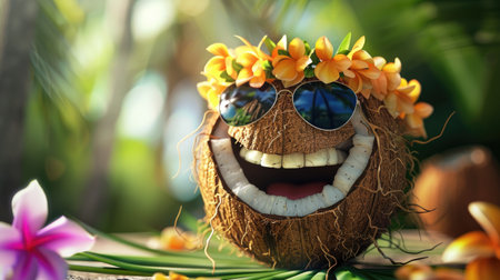 A laughing cartoon coconut with a big smile, wearing sunglasses and a lei.の素材