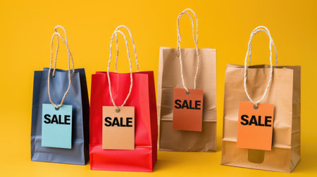 Bags with SALE tags, empty space for text, highlighting promotional salesの素材