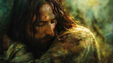 Blessing of Love: Christ's Comforting Arms: Find solace in divine love with an image of Christ's comforting embrace, a powerful depiction of spiritual peace and compassion.の素材