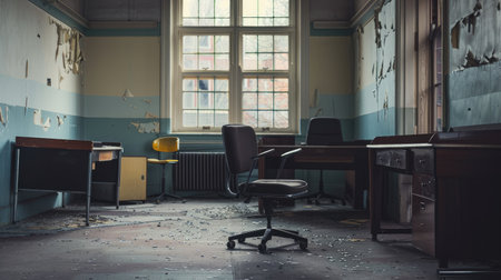 Atmospheric photo of abandoned desks and chairs in a silent office space, hinting at the ghostly echoes of past workdaysの素材