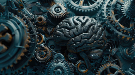 Creative 3D visualization of cogwheels intertwining within a brain structure, symbolizing the mechanics of thought and inventionの素材