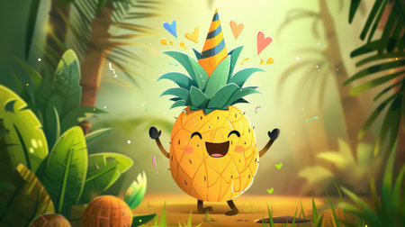 A smiling cartoon pineapple with a party hat, clapping and celebrating.の素材