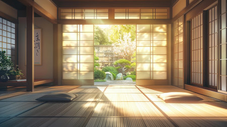 Charming anime-style depiction of a cozy Japanese room with tatami mats, sliding doors, and soft natural lightingの素材