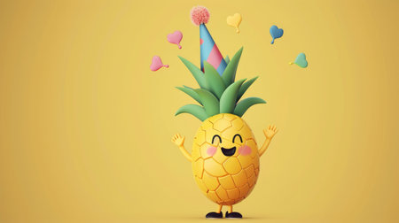 A smiling cartoon pineapple with a party hat, clapping and celebrating.の素材
