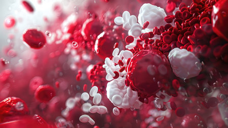Creative visualization of red and white blood cells flowing together in a harmonious 3D formation, symbolizing the orchestrated symphony of lifeの素材