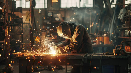 Dynamic image of a welder in action, crafting metal artwork in a workshop environment filled with industrial tools and equipmentの素材