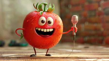 A joyful cartoon miracle fruit with a big smile, holding a tiny microphone.の素材