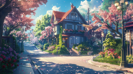 Whimsical anime neighborhood with a quaint house on a quiet street, accented by colorful flowers and soft sunlightの素材