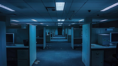 Deadpan Cubicles: The Haunting of the Workplace: Explore the eerie solitude of office cubicles after hours, a haunting reflection on the mundane yet mysterious aspects of corporate life.の素材