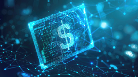AI financial transactions, one-color digital wallet with dollar icon and binary codeの素材