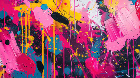 An abstract background with bold, graffiti-inspired splashes and drips of paintの素材