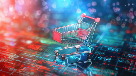 Digital shopping cart on a vibrant, abstract background, symbolizing the convenience and growth of online shopping and e-commerceの素材