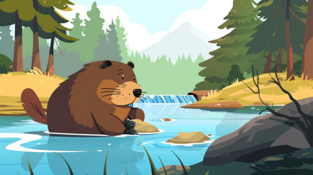 A cartoon beaver building a dam, representing Canada.の素材