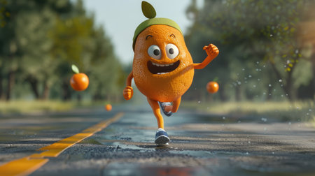 Cheerful orange wearing a headband and running shoes, sprinting down a road with enthusiasm, highlighting a whimsical and playful take on fitness.の素材