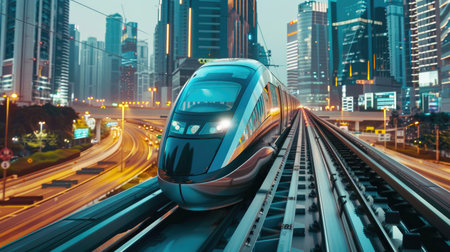 A futuristic maglev train in a high-tech cityscape.の素材