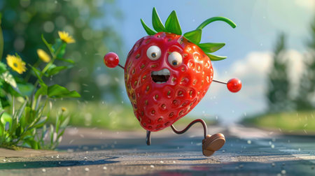 Adorable cartoon strawberry with tiny legs and arms running energetically down a sunny road, capturing the fun and playful side of healthy eating.の素材