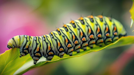 Macro shot of a monarch caterpillar's striped green and black body, showcasing its transformation into a butterfly.の素材