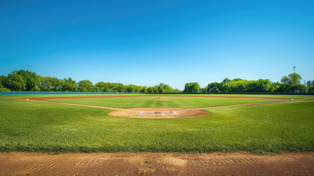 An empty baseball field under a clear blue sky, with green outfield and dirt infield, showcasing the tranquility of a sunny day on the diamondの素材
