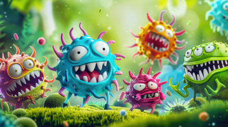 Cartoonish virus characters with exaggerated expressions and vibrant colors on a playful backgroundの素材