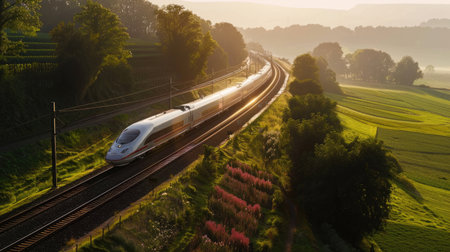 A high-speed train zooming along a scenic countryside route.の素材