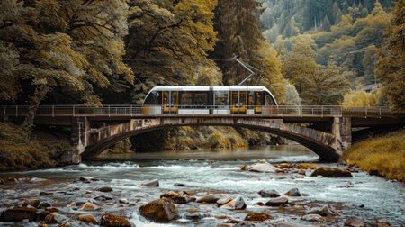A modern tram crossing a bridge over a riverの素材