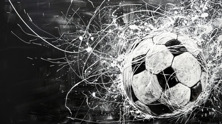 Contemporary black and white abstract art showcasing a soccer ball with intricate line work and patternsの素材