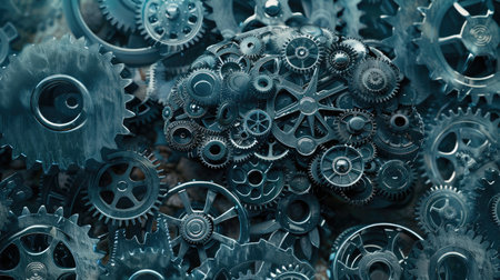 Digital rendering of gears meshed inside a human brain, representing the synergy of technology and cognitive processesの素材