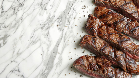 Close-up of a perfectly grilled steak on a marble background, juicy and tenderの素材