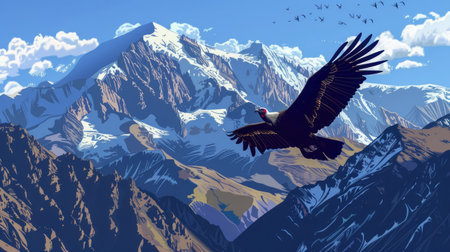 A cartoon Andean condor soaring above the Andes Mountains, representing Chile.の素材
