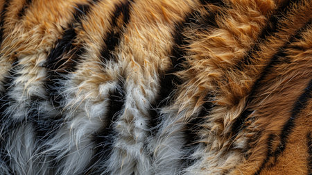 Detailed close-up of tiger fur, showcasing its intricate patterns and textures in high resolutionの素材