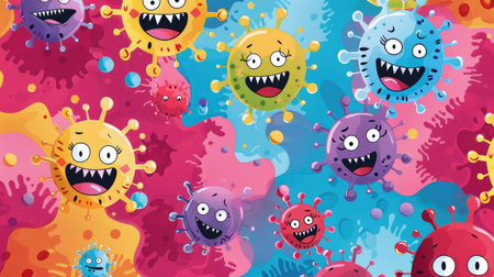 Whimsical virus icons with goofy smiles and quirky details on a cheerful, vibrant backgroundの素材