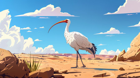 A cartoon ibis walking through an Egyptian desert.の素材