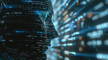 A futuristic AI coding agent concept with digital code streams, symbolizing artificial intelligence and technological innovation.の素材