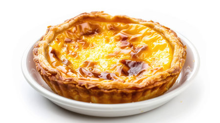 A dish of Chinese egg tart with a flaky crust on a white background.の素材