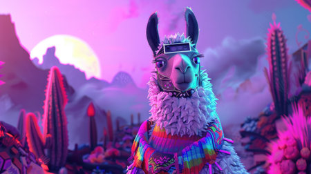 A llama robot in a colorful cyber poncho, representing Bolivia, in a neon landscape.の素材