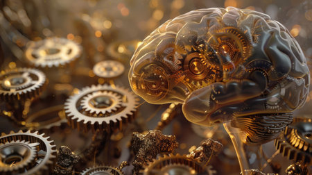 Digital rendering of gears meshed inside a human brain, representing the synergy of technology and cognitive processesの素材