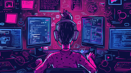 Doodle of a person in front of a computer, with floating objects like code snippets and programming icons symbolizing a coding tutoの素材