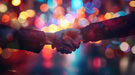 Diverse Business Partners Shake Hands in a Blurry Bokeh Glow: In a dynamic blur of lights, diverse business partners clasp hands, symbolizing collaboration and success in the modern world.の素材