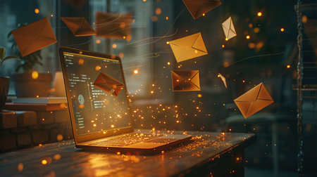 Concept image of a laptop emitting flying envelopes, illustrating email marketing, spam, and digital advertisements.の素材