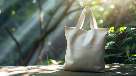 Mockup of a plain white fabric tote bag against a nature-inspired background, ideal for showcasing eco-friendly and sustainable lifestyle choices.の素材
