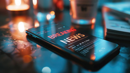 Close-up of a smartphone with "BREAKING NEWS" on the display, representing instant news updates and online journalismの素材