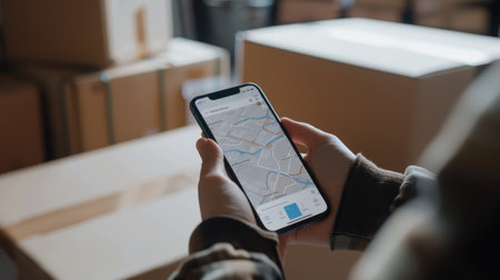 Close-up of a smartphone screen with a parcel tracking app, showing a person monitoring their shipment's status and location in real time for seamless delivery management.の素材