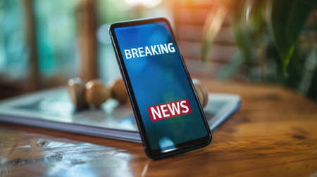 Modern smartphone with "BREAKING NEWS" alert on screen, symbolizing the immediacy of online news updates.の素材